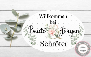 zauberhaftes ovales Türschild Eukalyptus Rose und Wunschname - zur Einweihung, Richtfest, Einzug Geburtstag Heirat Geschenk vonLüttentüddel®